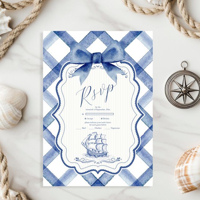 Cartons Réponse Chic Nautique Marine Mariage Bleu Bow (Créateur téléchargé)