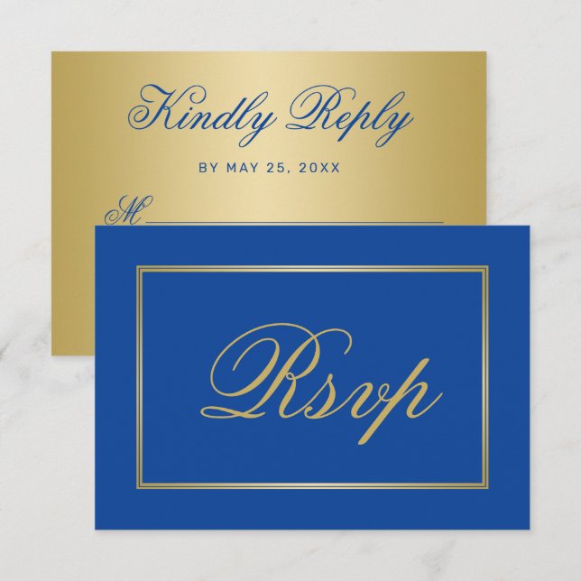 Cartons Réponse Chic Sapphire Blue Gold Script Mariage de calligra (Devant / Derrière)