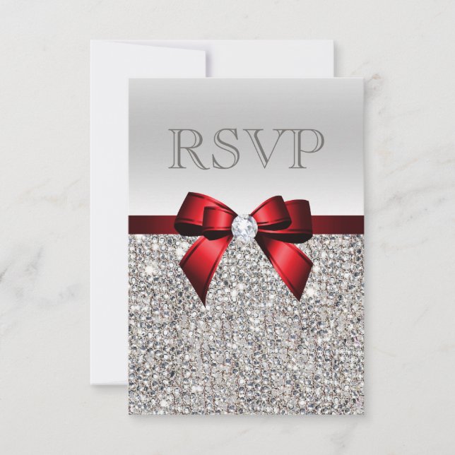 Cartons Réponse Chic Sequins Argent Diamant Rouge Ruban Mariage RS (Devant)