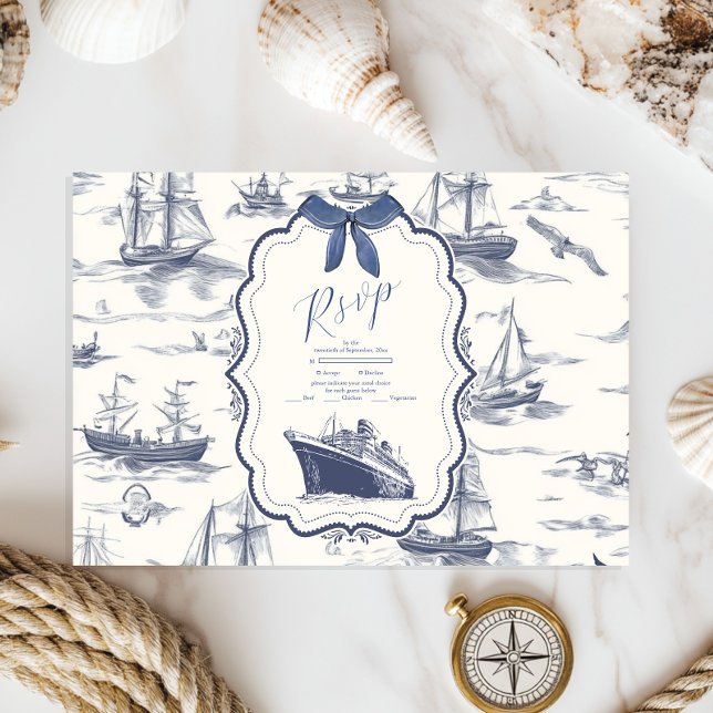 Cartons Réponse Chic Toile Nautique de Jouy Bow Mariage (Créateur téléchargé)