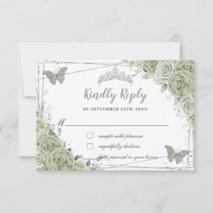Cartons Réponse Chic Vert Sauge Floral Argent XV 15 16 Quinceañera