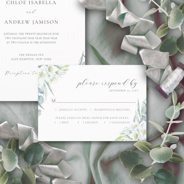 Cartons Réponse Chloe Elegant Boho Green Repas Choice Mariage (White watercolor flowers and eucalyptus greenery RSVP card)