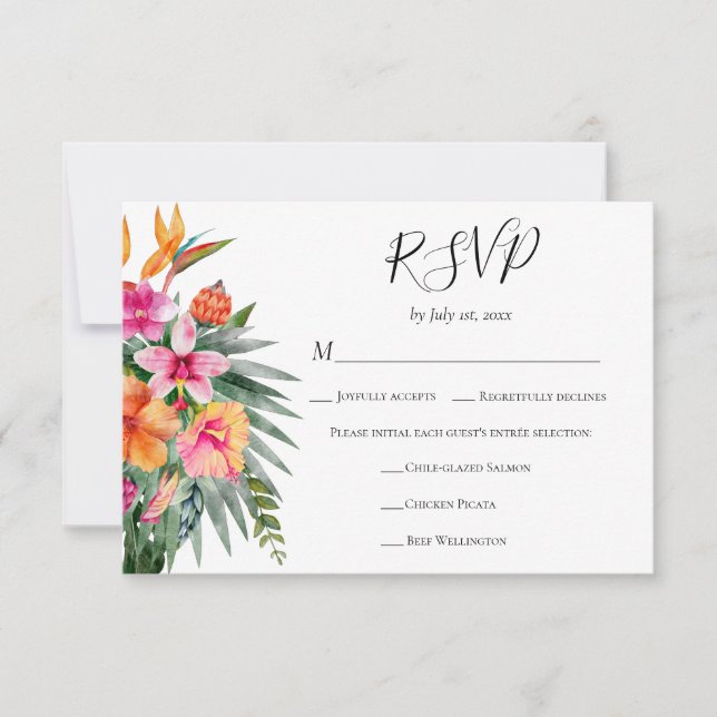 Cartons Réponse Choix de repas de mariage avec des fleurs tropical (Devant)