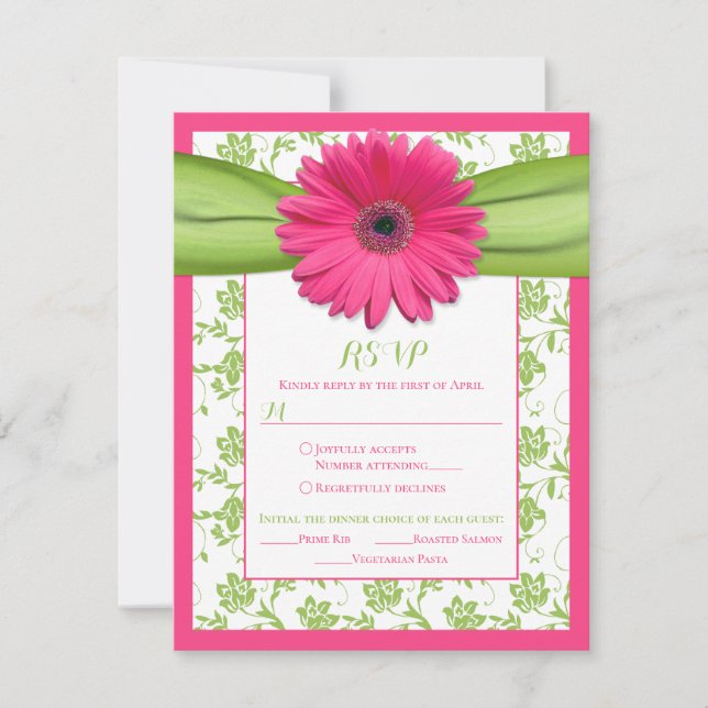 Cartons Réponse Choix de repas de mariage en damas rose vert daisy (Devant)