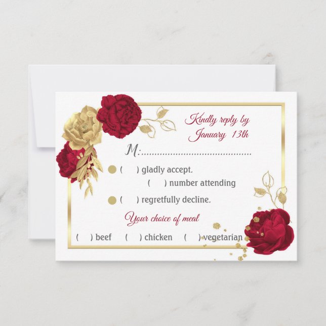Cartons Réponse choix de repas géométrique fleurs bordeaux et or (Devant)
