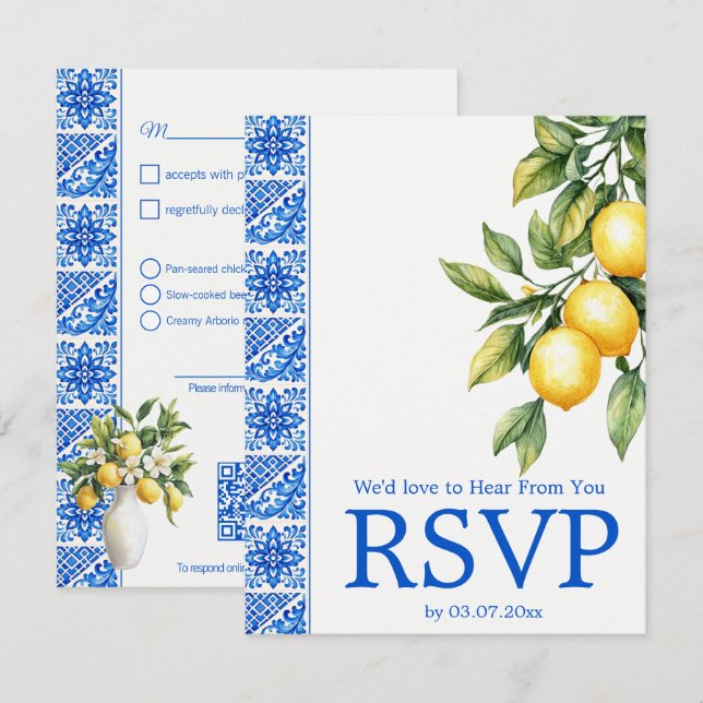 Cartons Réponse 💙🍋Choix de repas + QR Azul & Limone Romance (Devant / Derrière)