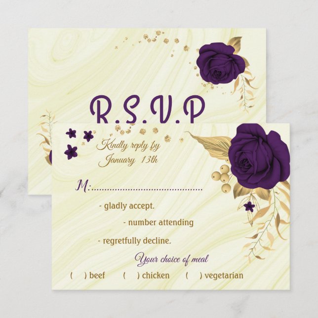 Cartons Réponse choix de repas royal violet or fleuri marbre (Devant / Derrière)