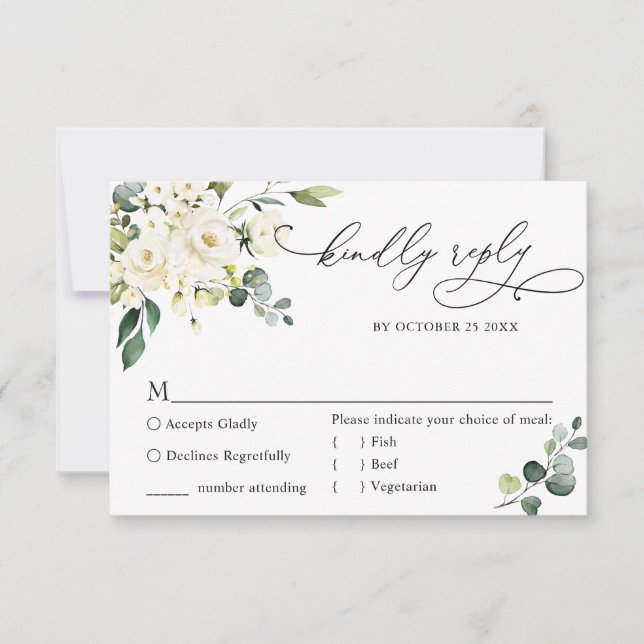 Cartons Réponse CHOIX DU REPAS Eucalyptus Roses blanches Mariage f (Devant)