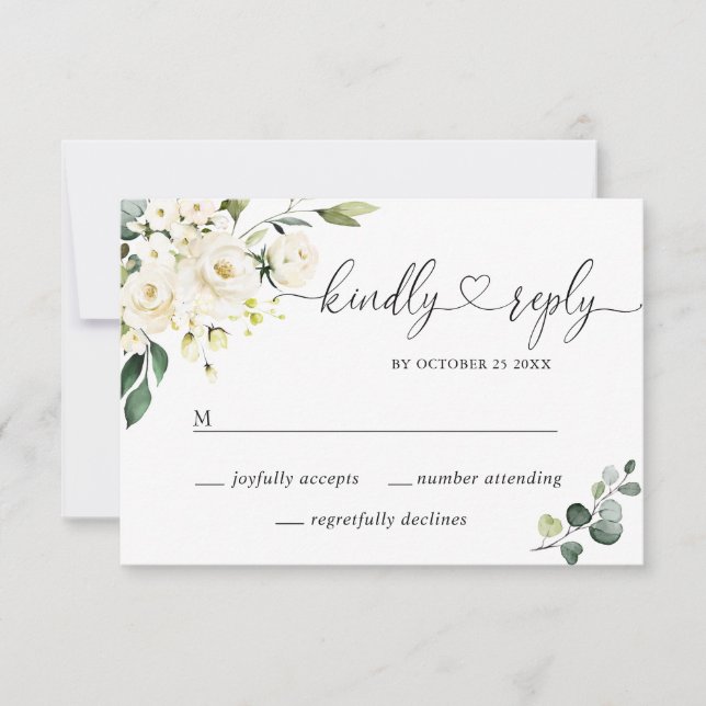 Cartons Réponse CHOIX DU REPAS Eucalyptus Roses blanches Mariage f (Devant)
