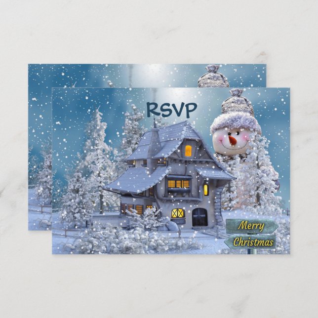 Cartons Réponse Christmas Party Winter White Snowman Blue Rustic (Devant / Derrière)