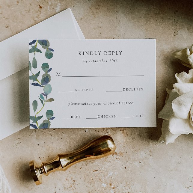 Cartons Réponse Cimier d'Eucalyptus | Choix de repas Mariage aquar (An elegant wedding rsvp card decorated with watercolor eucalyptus leaves)