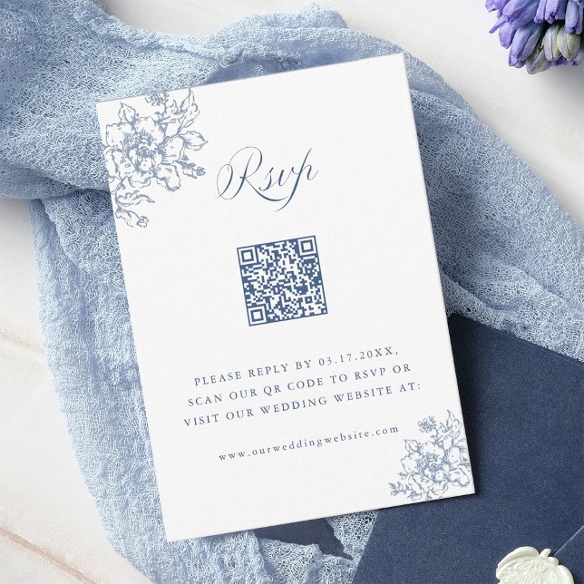 Cartons Réponse Classic Bloom Garden Dusty Blue Mariage QR Code (Créateur téléchargé)