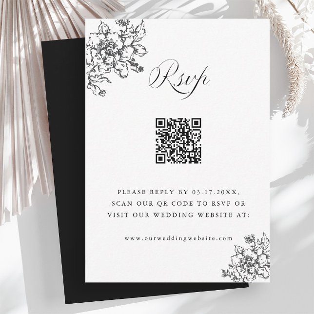 Cartons Réponse Classic Bloom Garden Mariage noir et blanc QR Code (Créateur téléchargé)