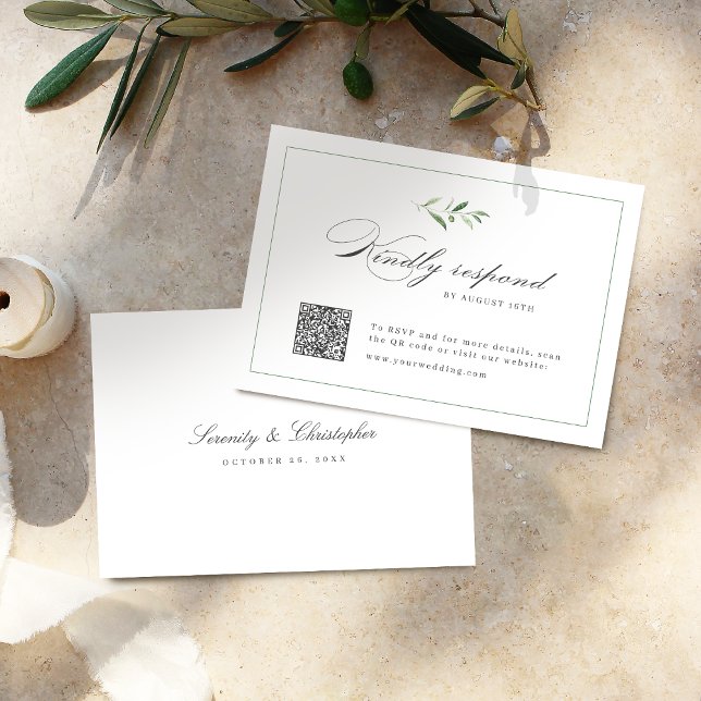 Cartons Réponse Classic Elegance Script mariage de verdure Code QR (Classic Elegance Script Greenery wedding QR code RSVP Card)