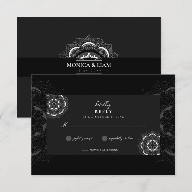 Cartons Réponse Classic Elegant Boho Mandala Ornate Black Mariage (Devant / Derrière)
