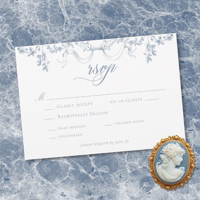 Cartons Réponse Classic Elegant Dusty Blue Floral Swag Wedding (Classic Elegant Dusty Blue Floral Ribbon Wedding RSVP Card)