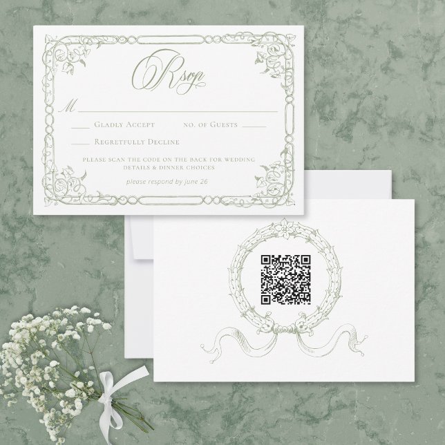 Cartons Réponse Classic Elegant Sage Green Floral Frame Wedding QR (Classic Elegant Sage Green Floral Frame Wedding QR RSVP Card)