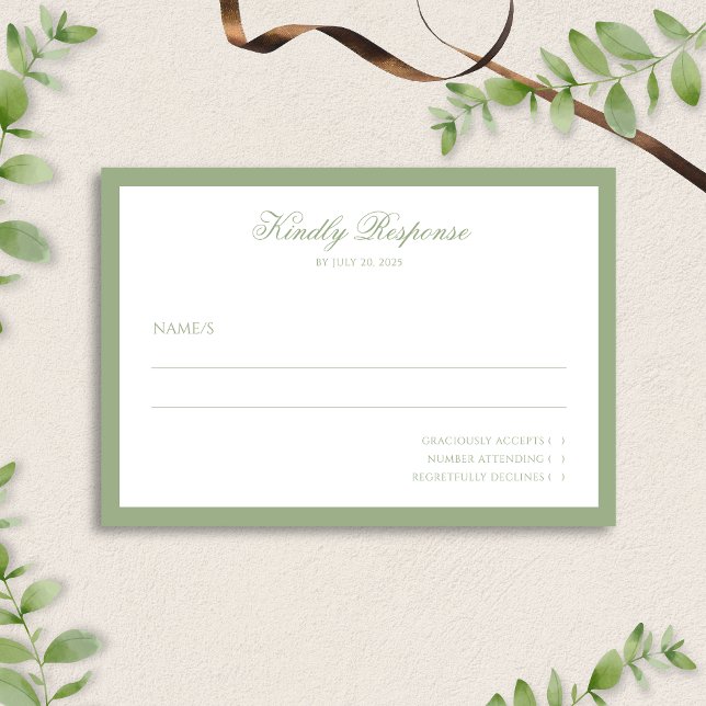 Cartons Réponse Classic Real Sage Green Border Script Wedding  (Créateur téléchargé)