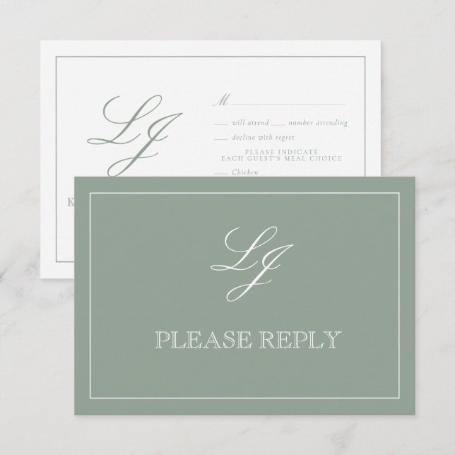 Cartons Réponse Classic Sage Green Calligraphie Monogramme Mariage (Devant / Derrière)