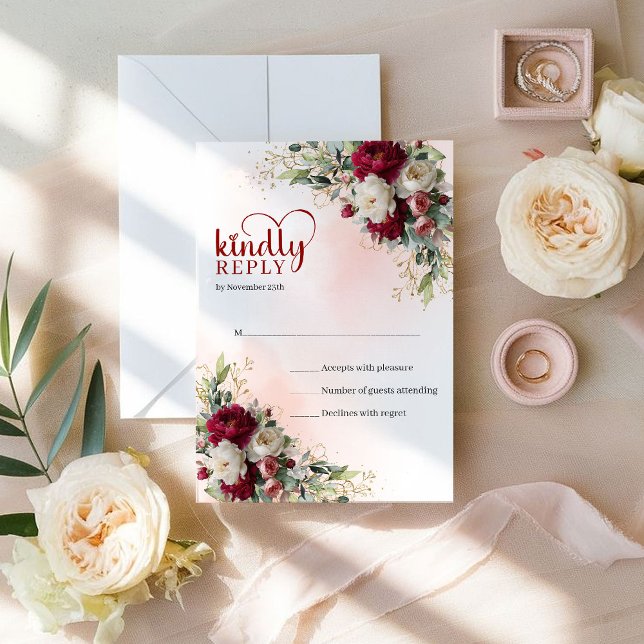 Cartons Réponse Classique Fleurs Rouges et Blanches Bohème Or Mari (Sophisticated Boho Burgundy White Floral Gold Wedding RSVP)
