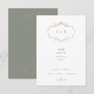 Cartons Réponse classique sauge vert élégant or monogramme mariage