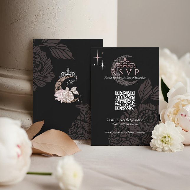 Cartons Réponse Classy Floral Moon Stars Tiara Quinceañera QR Code (Classy Floral Moon Stars Tiara Quinceañera QR Code RSVP Card)