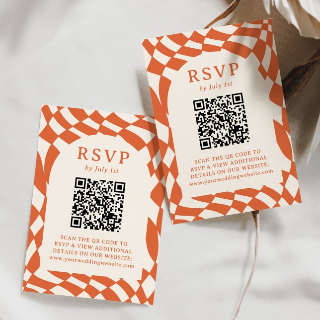 Cartons Réponse Code QR à carreaux orange rétro pour mariage (Créateur téléchargé)