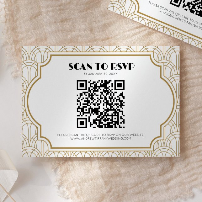 Cartons Réponse Code QR Art Déco Gatsby Mariage Années 20 Blanc Or (Créateur téléchargé)