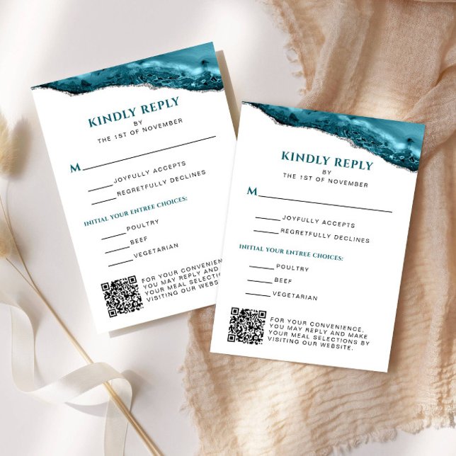 Cartons Réponse Code QR Bat mitzvah turquoise et Silver Agate Code (Teal and Silver Agate Vertical Reply Card)