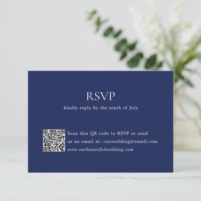 Cartons Réponse Code QR bleu marine moderne Mariage élégant (Debout devant)