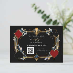 Cartons Réponse Code QR Casino Navy Or Noir Art Déco Mariage 