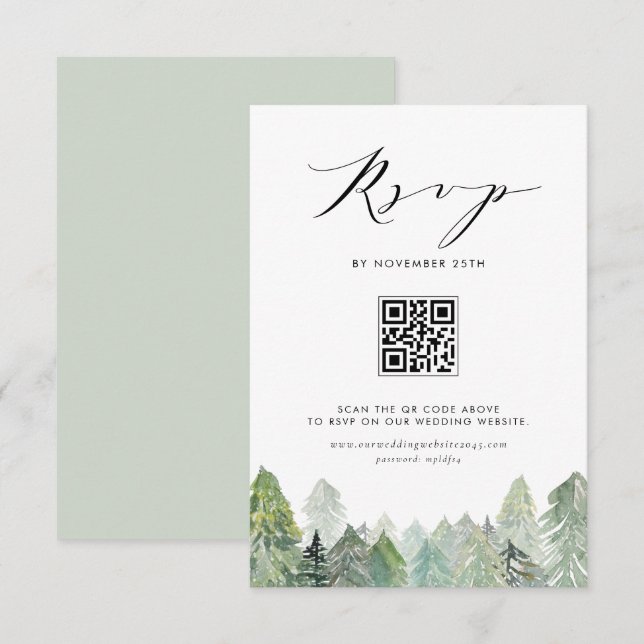 Cartons Réponse Code QR de forêt de conifères enneigée pour mariag (Devant / Derrière)