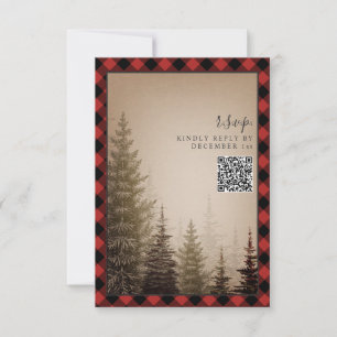 Cartons Réponse Code QR de mariage à carreaux rustique avec arbre 