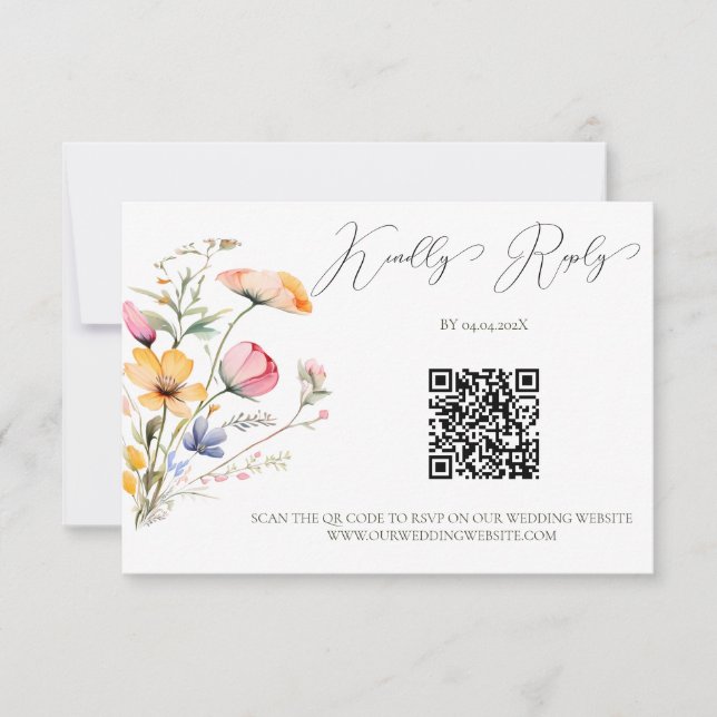 Cartons Réponse Code QR de mariage à l'aquarelle de prairie de fle (Devant)