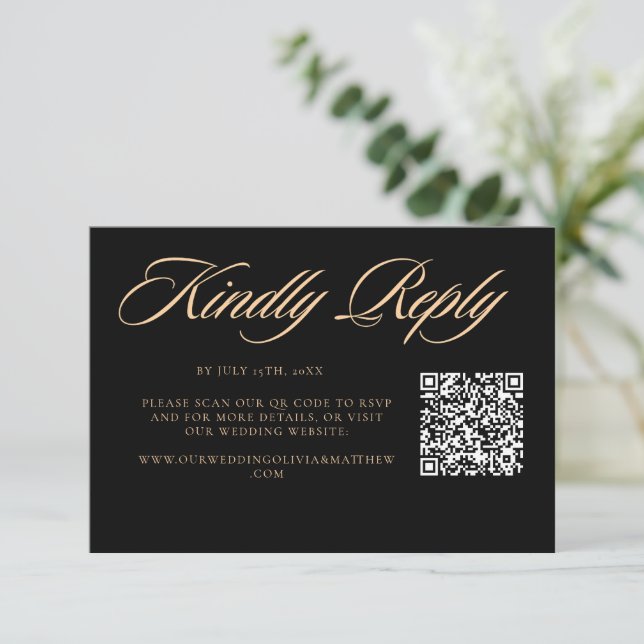 Cartons Réponse Code QR de mariage à l'écriture noire élégante mod (Debout devant)