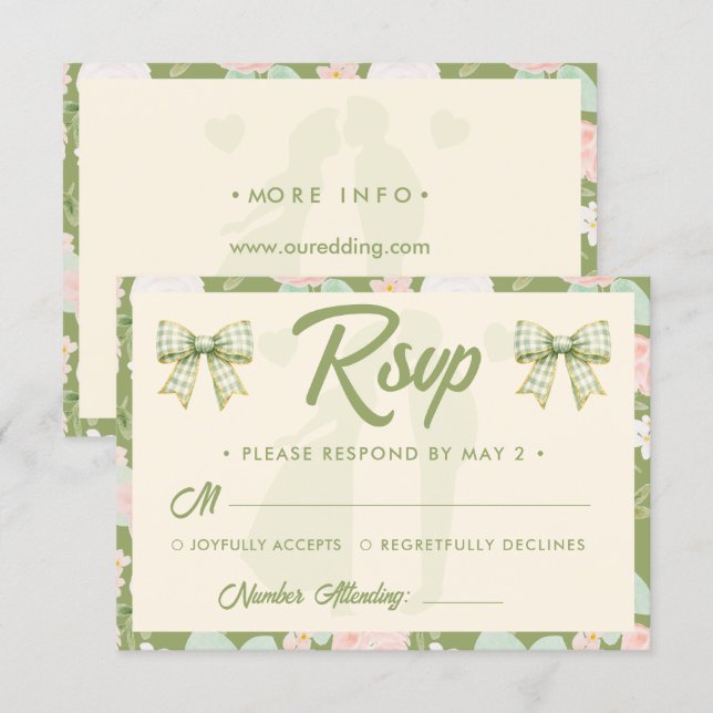 Cartons Réponse Code QR de mariage à ruban gingham vert Wildflower (Devant / Derrière)