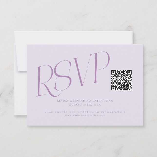 Cartons Réponse Code QR de mariage à typographie moderne lilas (Devant)