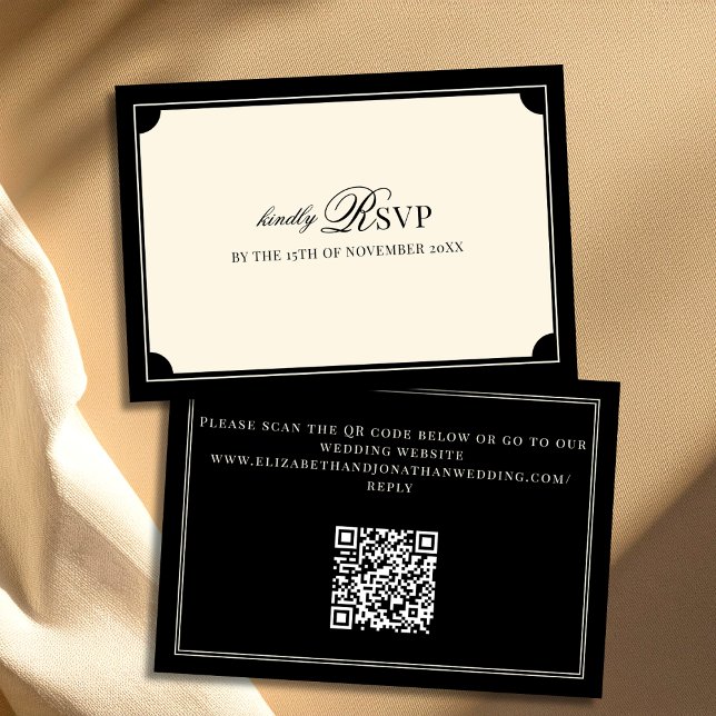 Cartons Réponse Code QR de mariage argent d'autrefois noir et ivoi (Créateur téléchargé)