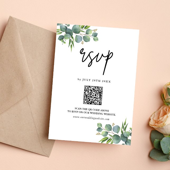 Cartons Réponse Code QR de mariage au bois d'eucalyptus sauge (Sage eucalyptus woodland QR code RSVP card lets guests respond easily with natural charm.)