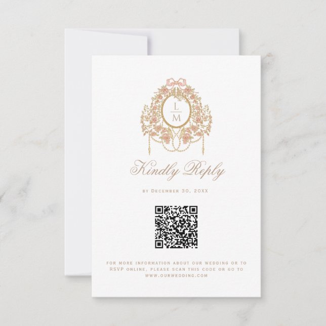 Cartons Réponse Code QR de mariage au monogramme de rose rococo fr (Devant)