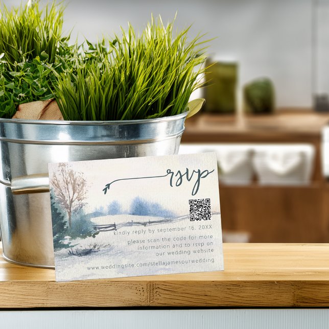 Cartons Réponse Code QR de mariage avec paysage d'hiver rustique e (Rustic Winter Scenery Pine Tree Wedding QR Code RSVP Card)