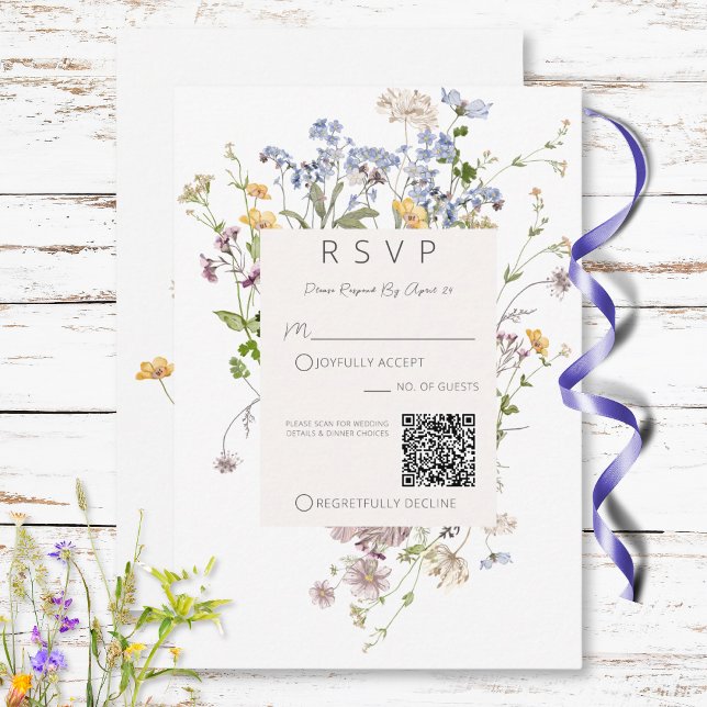 Cartons Réponse Code QR de Mariage blanc Fleur sauvage de Boho dél (Delicate Boho Wildflowers White Wedding QR Code RSVP Card)