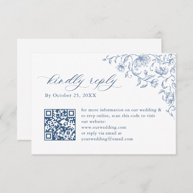 Cartons Réponse Code QR de mariage bleu poussiéreux floral orné vi (Devant / Derrière)