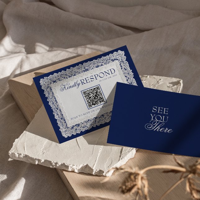 Cartons Réponse Code QR de mariage bleu royale dentelle napperon V (Créateur téléchargé)