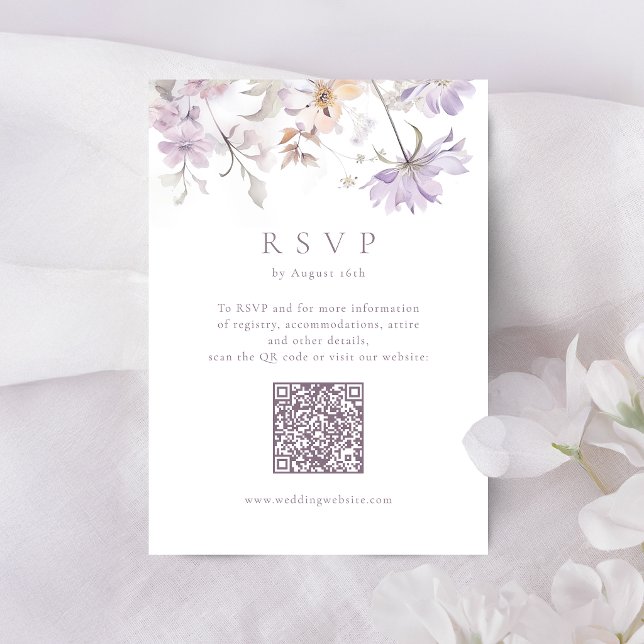 Cartons Réponse Code QR de mariage bohème floral élégant violet (Purple Elegant Floral Boho Wedding QR Code RSVP Card)