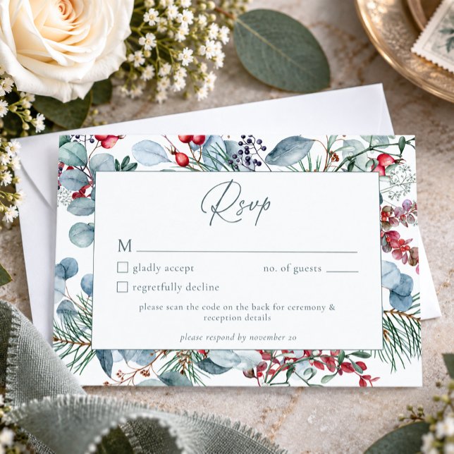 Cartons Réponse Code QR de mariage botanique de Noël hivernal rust (Créateur téléchargé)