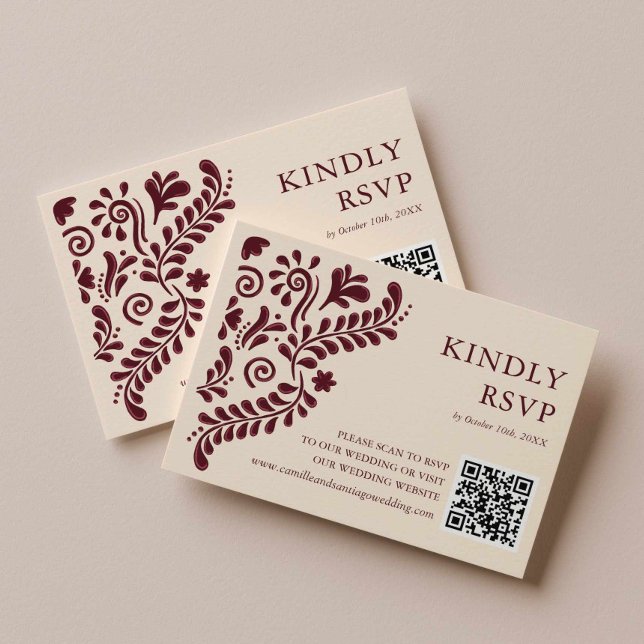 Cartons Réponse Code QR de mariage bourguignon mexicain (Burgundy Talavera Kindly Rsvp Card)