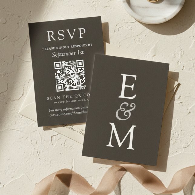 Cartons Réponse Code QR de mariage classique au charbon simple (Simple Charcoal Classic Wedding QR Code RSVP Card)