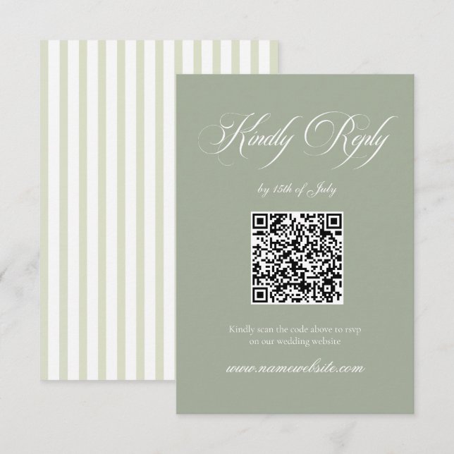 Cartons Réponse Code QR de mariage classique rayé Sage & Blanc (Devant / Derrière)