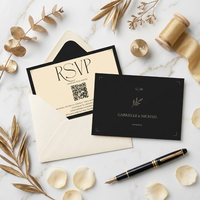 Cartons Réponse Code QR de mariage crème et noir avec monogramme e (Créateur téléchargé)